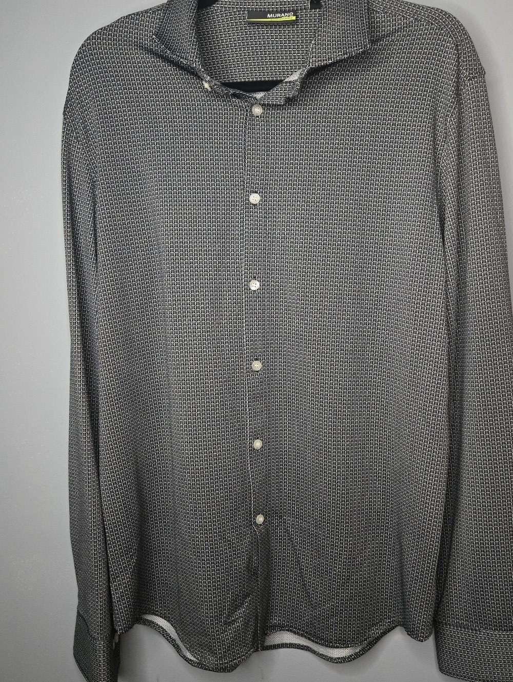 Murano Large Slim Fit Performance Dress Shirt Black White Geometric Stretch